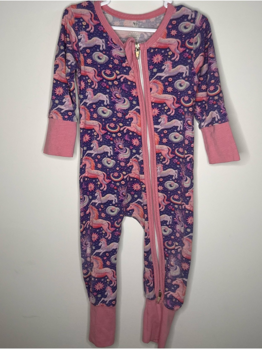 BAMBOO Purple Unicorn Print Footie Pajamas with Pink Trim